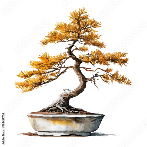 A watercolor of a Golden Larch Bonsai, isolated on a white background. Golden Larch vector.
