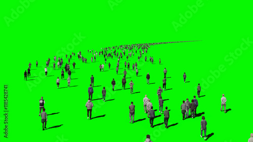 3d illustration of a crowd of people walking down the street to visualize the visual effects of the chroma key green screen