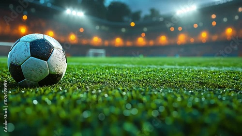 A close-up shot shows a soccer ball on a wet field in a stadium at night.