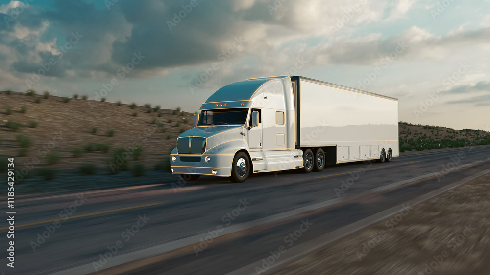 American style truck on freeway pulling load. Transportation theme. 3D illustration American style truck on freeway pulling load. Transportation theme. 3D illustration