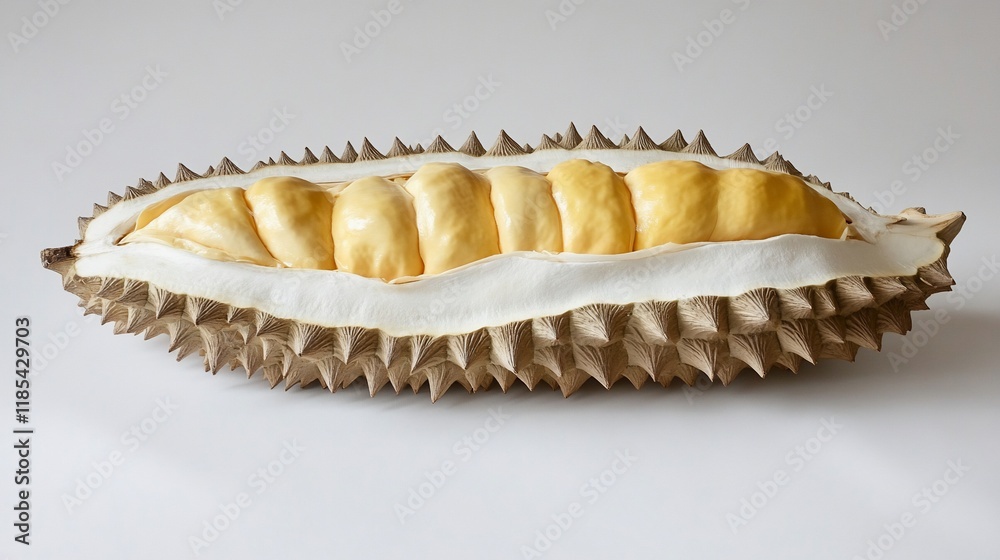A durian fruit showing its spiky exterior and creamy yellow flesh inside. A durian fruit showing its spiky exterior and creamy yellow flesh inside.