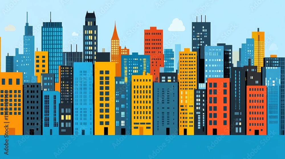 Fototapeta premium Vibrant cityscape panorama showcasing diverse, colorful high-rise buildings