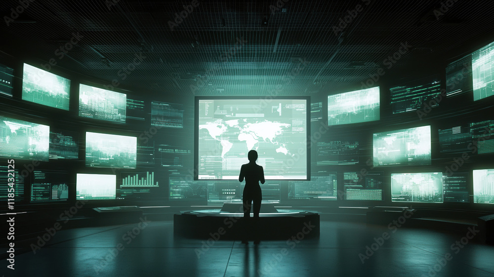 Fototapeta premium person analyzing data in high tech control room with multiple screens displaying global information