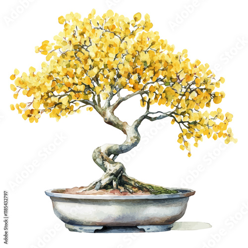 A watercolor painting of a Golden Bell Tree Bonsai, isolated on a white background. Golden Bell Tree vector.
