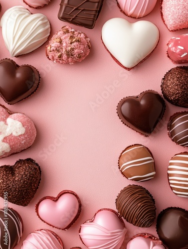 A delightful array of assorted chocolates sprawls across a soft pink surface, inviting sweet indulgence and romantic gestures this Valentine's Day.