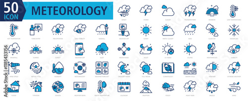 METEOROLOGY ICON SET With windy, storm, cloudy, thunderstorm, rainbow, low temperatures, hot temperature, forecaster, precipitation and low visibility