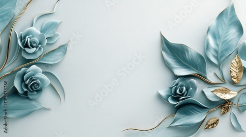 Elegant blue roses gold leaves background design