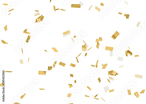 Gold and white confetti scattered on a white background. Festive confetti creates a celebratory atmosphere. Gold confetti adds sparkle and joy. White confetti complements. Isolated on white background