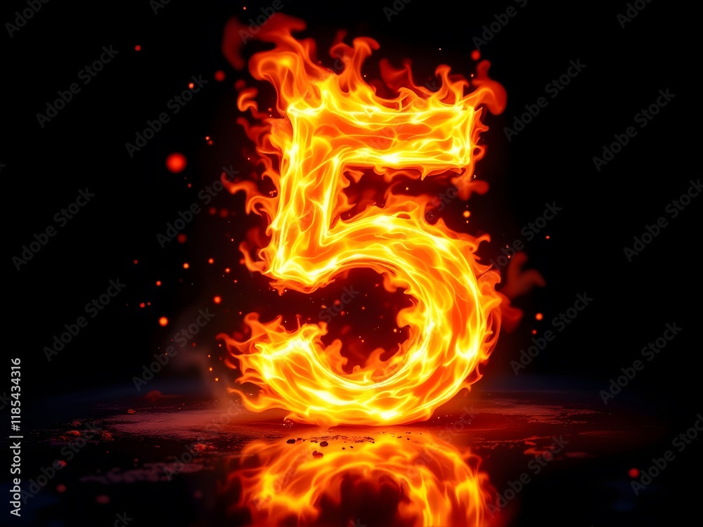 Fototapeta premium Fiery Number Five: A Dramatic Flaming Digit Design