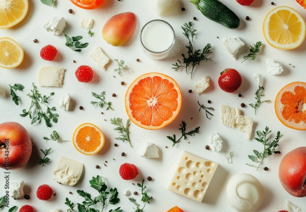 Fresh and Vibrant Arrangement of Various Fruits, Cheeses, and Herbs on a Bright White Background Capturing a Colorful Culinary Experience Fresh and Vibrant Arrangement of Various Fruits, Cheeses, and Herbs on a Bright White Background Capturing a Colorful Culinary Experience
