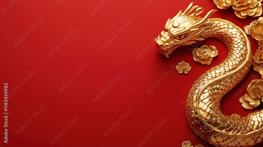 Golden snake on red background with copy space, Chinese new year background Golden snake on red background with copy space, Chinese new year background