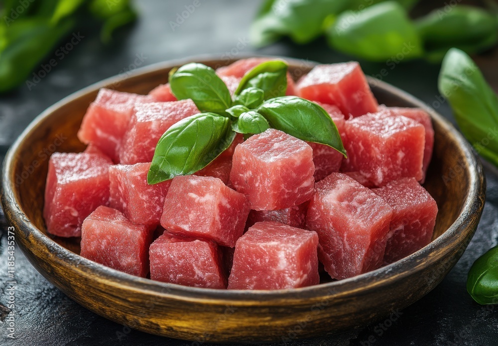 Fresh Cubes of High-Quality Meat Garnished with Green Basil Leaves on a Rustic Wooden Bowl Surrounded by Fresh Herbs Ready for Culinary Creations Fresh Cubes of High-Quality Meat Garnished with Green Basil Leaves on a Rustic Wooden Bowl Surrounded by Fresh Herbs Ready for Culinary Creations