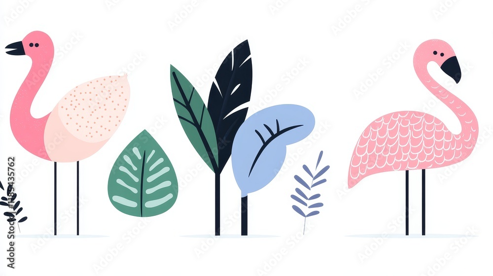 Stylized Pink Flamingos and Tropical Foliage Illustration Stylized Pink Flamingos and Tropical Foliage Illustration