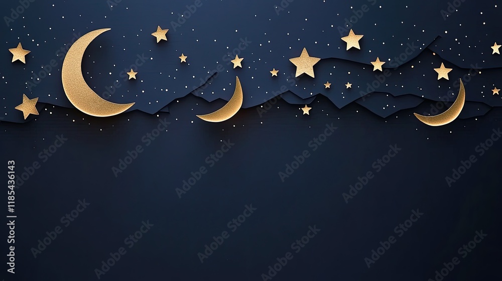 Fototapeta premium Intricate D card with layered star and moon cutouts, creating depth on a dark navy background.