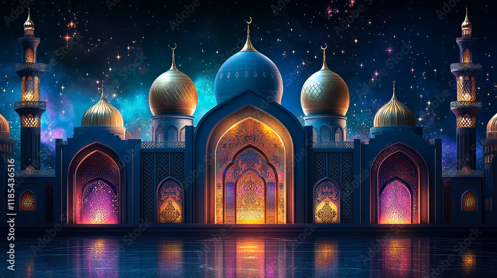 Obraz premium Majestic mosque illuminated at night during Ramadan celebration with colorful lights
