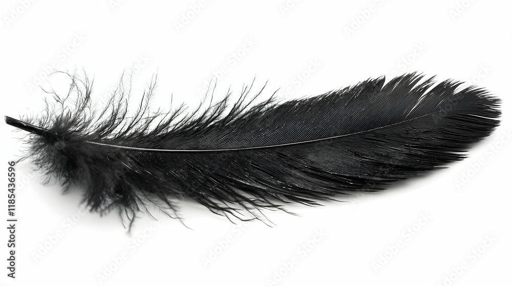 Single black feather isolated on white background, studio shot, design element Single black feather isolated on white background, studio shot, design element
