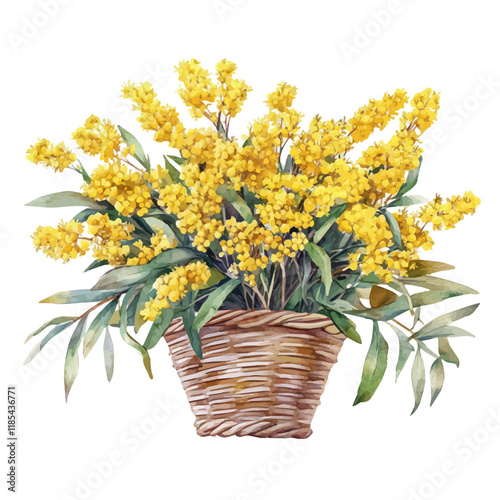 A watercolor vector of a Goldenrod bouquet in a basket, isolated on a white background. Goldenrod bouquet vector.
