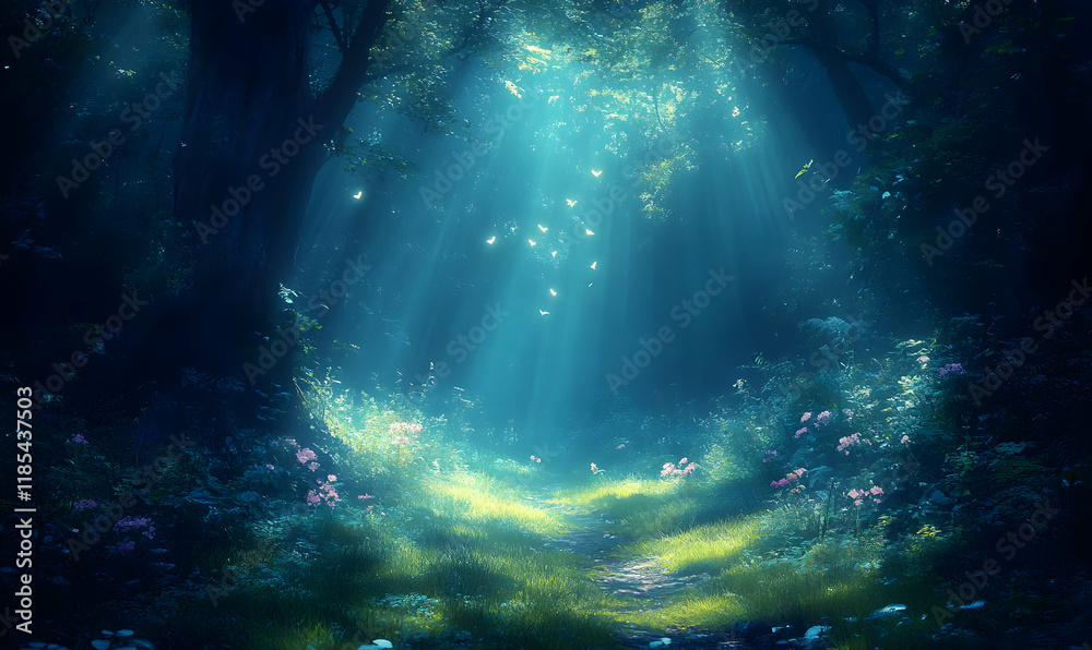 Fototapeta premium Enchanted Forest Path, Sunlight, Magic, Flowers, Fantasy
