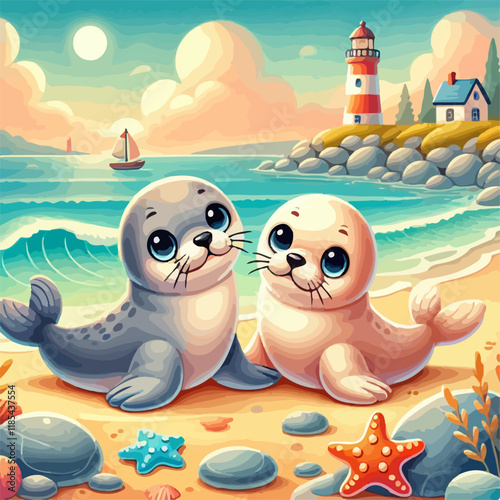 Adorable cartoon illustration of two kawaii seals on a sandy beach with waves, a lighthouse and seashells. Charming vector illustration of a sea animals