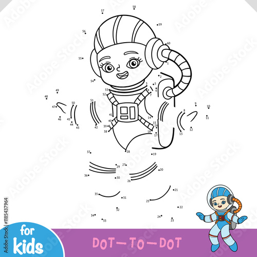 Numbers game, education dot to dot game for kids, Cute cartoon girl astronaut