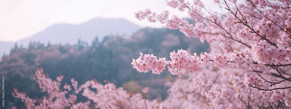 An intimate shot of the cherry blossom trees in full bloom at Japan's Mount Yoshino during hanami season, Sakura scene, Serene style An intimate shot of the cherry blossom trees in full bloom at Japan's Mount Yoshino during hanami season, Sakura scene, Serene style