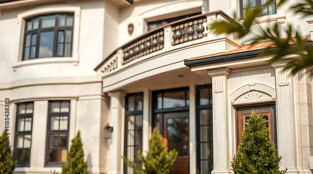 Fototapeta premium A beige, multi-story house with a large entryway featuring a curved balcony and dark-framed windows and doors. Landscaped evergreen shrubs are planted near the entrance.