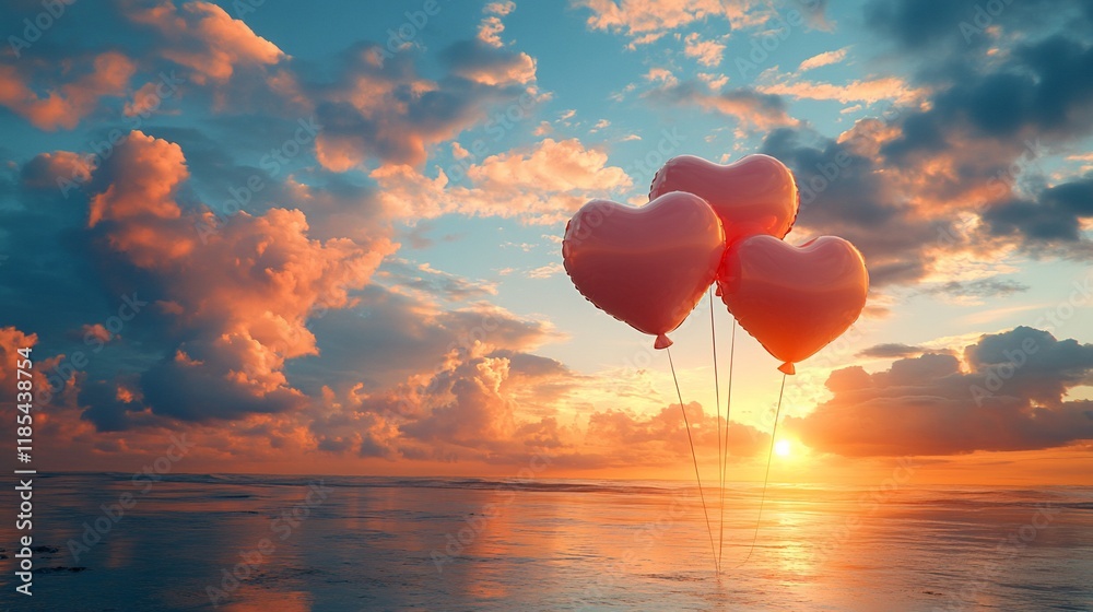 Fototapeta premium Three pink heart-shaped balloons floating at sunset over calm water.