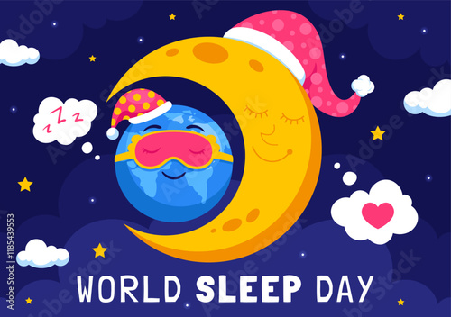 World Sleep Day Vector Illustration on March 14, Featuring People Sleeping, Clouds, Planet Earth, and the Moon in a Sky Background with Flat Cartoon