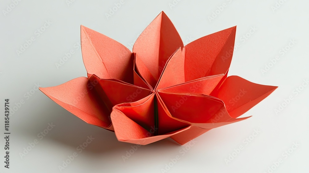 Fototapeta premium A neatly folded origami flower in bright red on a light background, leaving open space in the center for a personalized greeting.