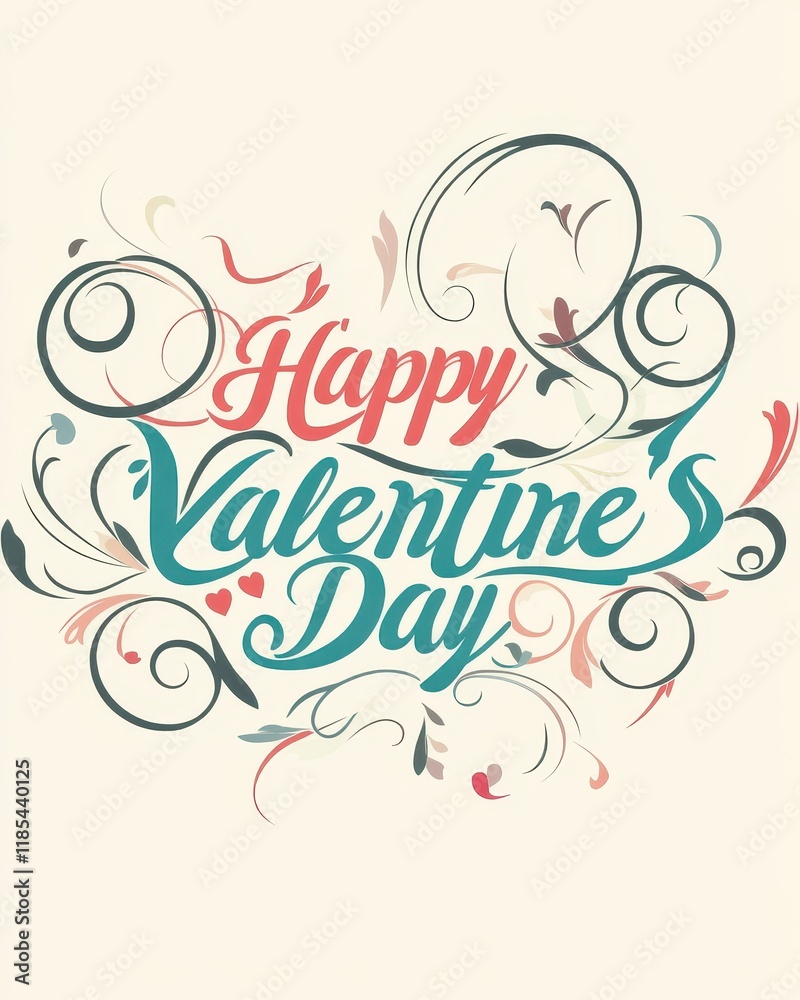 Obraz premium Elegant Happy Valentines Day Design with Floral Swirls and Heart-Shaped Typography.