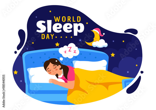 World Sleep Day Vector Illustration on March 14, Featuring People Sleeping, Clouds, Planet Earth, and the Moon in a Sky Background with Flat Cartoon