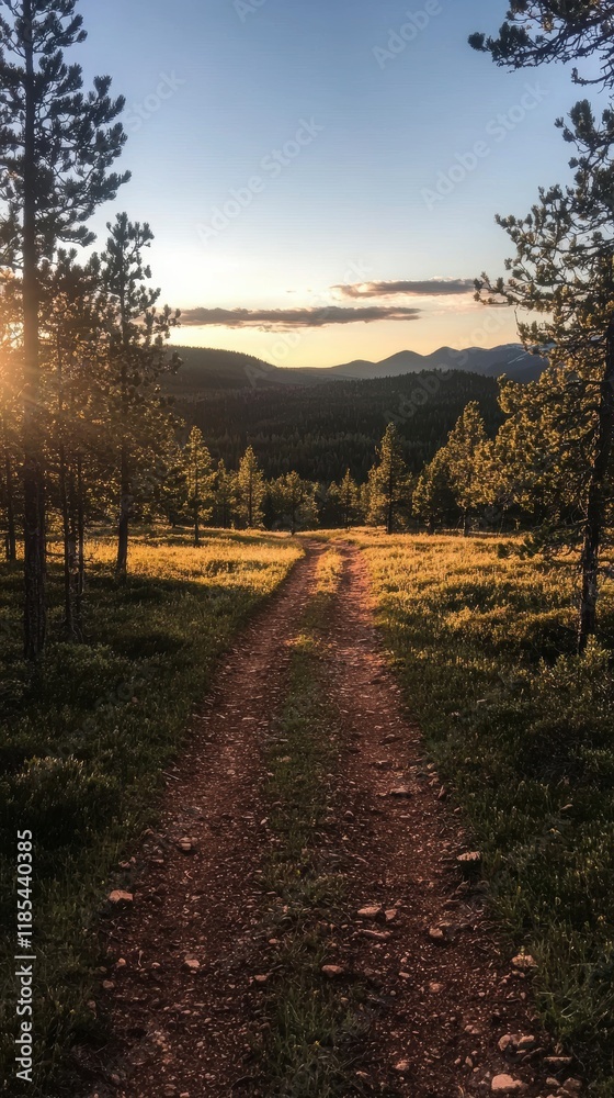 Fototapeta premium Sunset Forest Path Nature Trail Hiking Woodland Scenic View Summer Golden Hour Adve