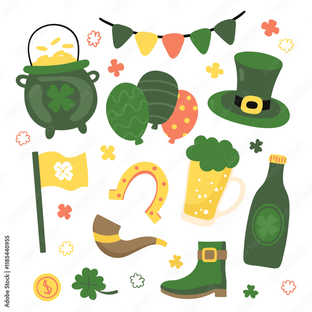St. Patrick's Day set of elements. Vector illustration of set of elements in green color. St. Patrick's Day set of elements. Vector illustration of set of elements in green color.
