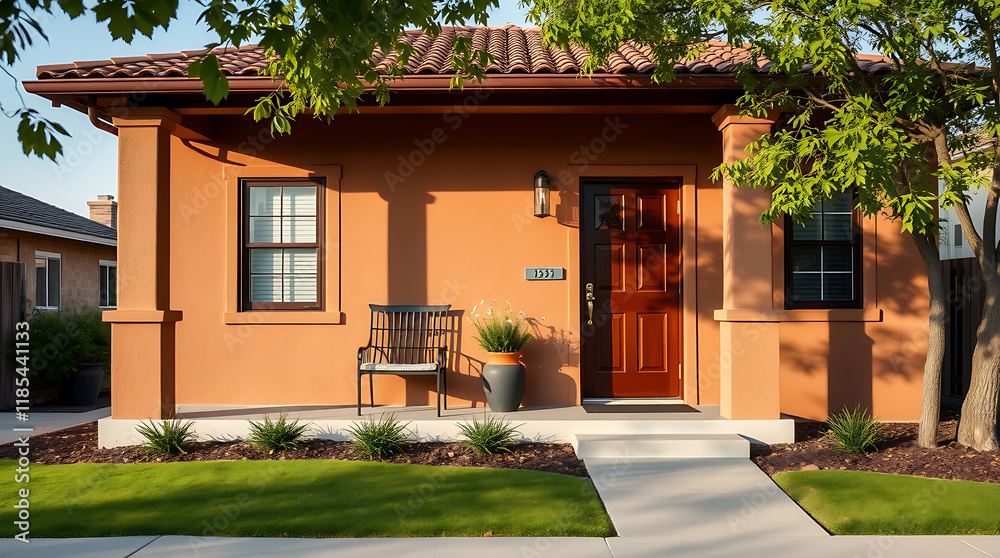 A single-story, stucco home with a terracotta roof, brown door, and two windows. The house is light orange and has landscaping including grass and shrubs. A metal chair sits on the porch. A single-story, stucco home with a terracotta roof, brown door, and two windows. The house is light orange and has landscaping including grass and shrubs. A metal chair sits on the porch.