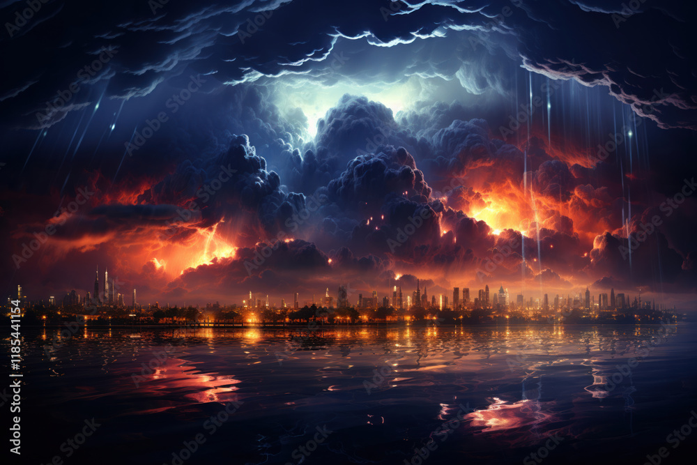 Fototapeta premium strongest thunderstorm over a modern city. Lots of lightning in the sky,. Generative AI