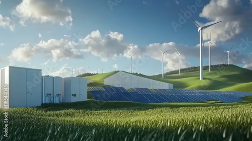 Modern battery energy storage system with wind turbines and solar in grass fields photo
