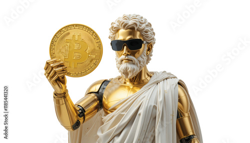 modern golden greek statue with robot armor holding a bitcoin on a transparent background
