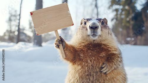 playful groundhog holding weather forecast sign in snowy landscape. This charming scene captures essence of winter fun and wildlife