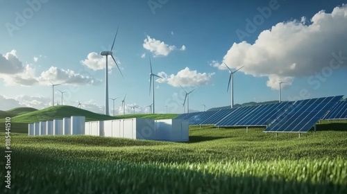 Modern battery energy storage system with wind turbines and solar in grass fields photo