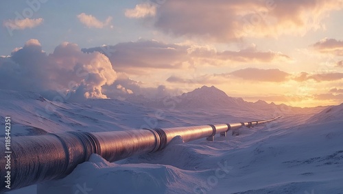 A horizontal oil and gas pipeline in the snow, winter landscape photo