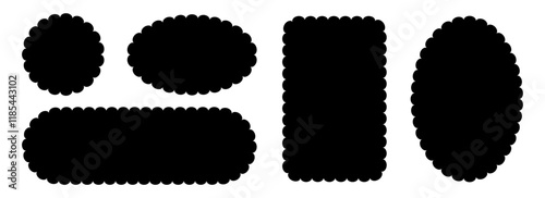 Different wavy edge frame collection. Jagged scallop rounded border element set. Black undulate graphic design templates for decoration, banner, poster, template, sticker, badge. Vector vintage bundle