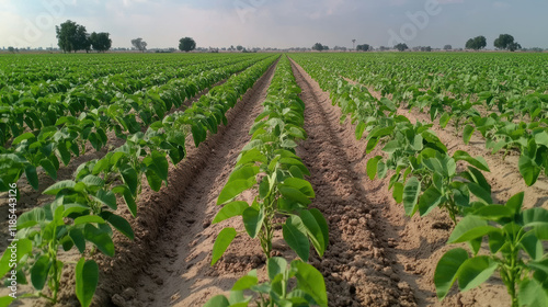 Rows of vibrant green soybean plants stretch across a farm under a bright sky, symbolizing growth, agriculture, and the promise of abundant harvests. photo