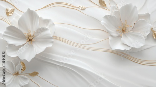 White floral 3D wall art, gold accents, wavy background, interior design