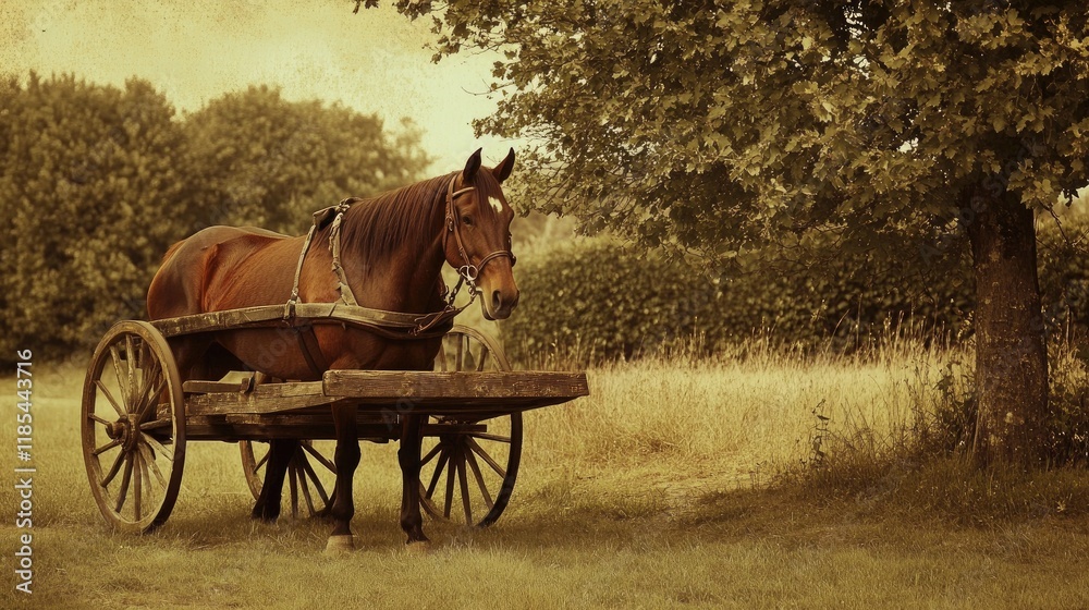 A strong horse pulling a rustic wooden cart in an old countryside. A strong horse pulling a rustic wooden cart in an old countryside.