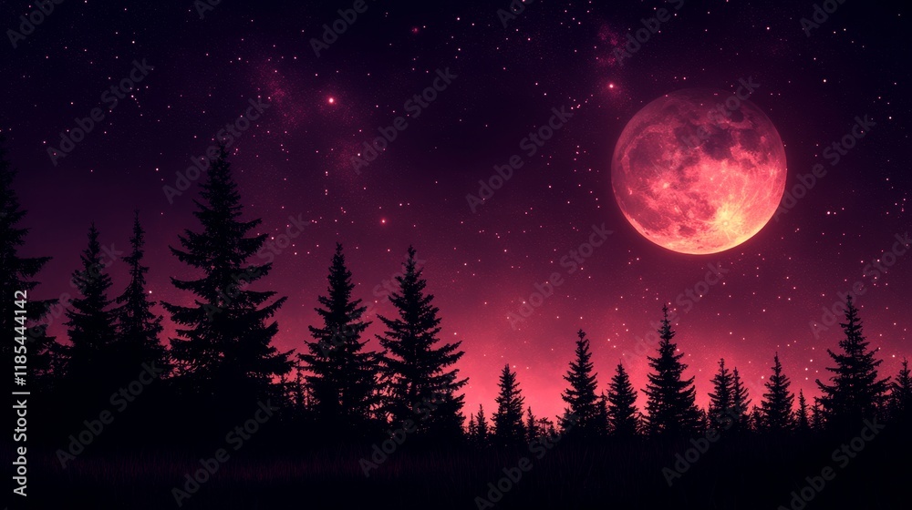 Crimson Night Enormous Blood Moon Rising Over Silhouetted Pine Forest