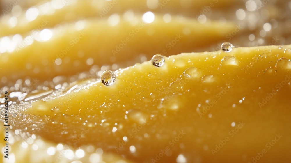 Close-up of smooth, golden substance with droplets, suggesting richness and texture. Close-up of smooth, golden substance with droplets, suggesting richness and texture.