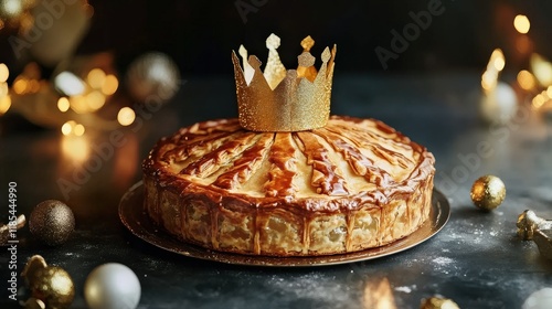 galette de rois king cake with a golden paper crown on top photo