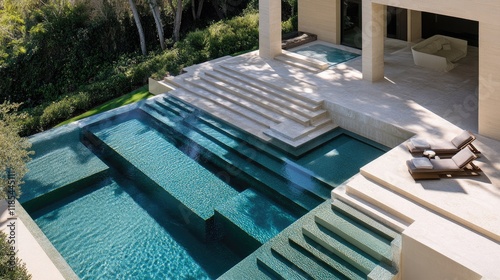 A swimming pool featuring glass tile mosaics and calming water patterns.