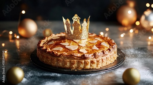 galette de rois king cake with a golden paper crown on top photo