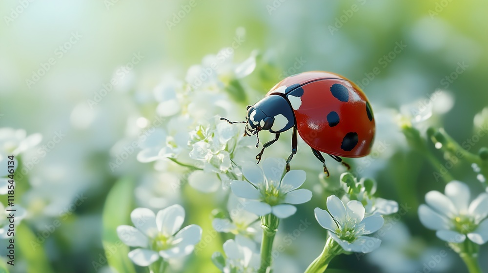 Fototapeta premium Ladybug on White Flowers: A Stunning Macro Shot